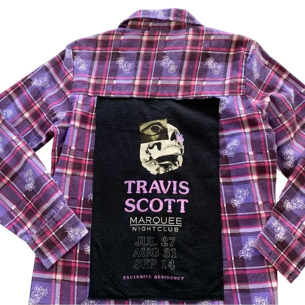 Via Penny Lane Reworked | Travis Scott Graphic Purple Plaid Button Up Flannel M - Picture 9 of 9
